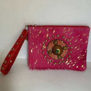 Wristlet Clutch Bag Ethnic Purse Bohemian Handmade Pink & Gold